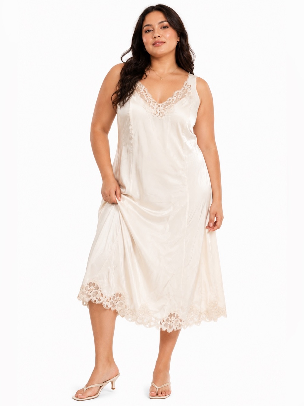 60s/70s European Vintage Simone Champagne Silky Lace Trim Slip Dress Champagne L